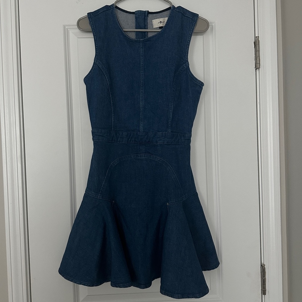 7 For All Mankind Denim Flounce Mini Dress in Medium Wash Blue Denim Size Small - Picture 3 of 6